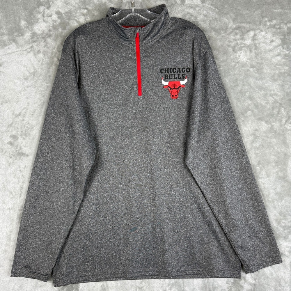 UNK NBA Chicago Bulls Mens Large Quarter Zip Pullover Heather Gray‎ Red Logo